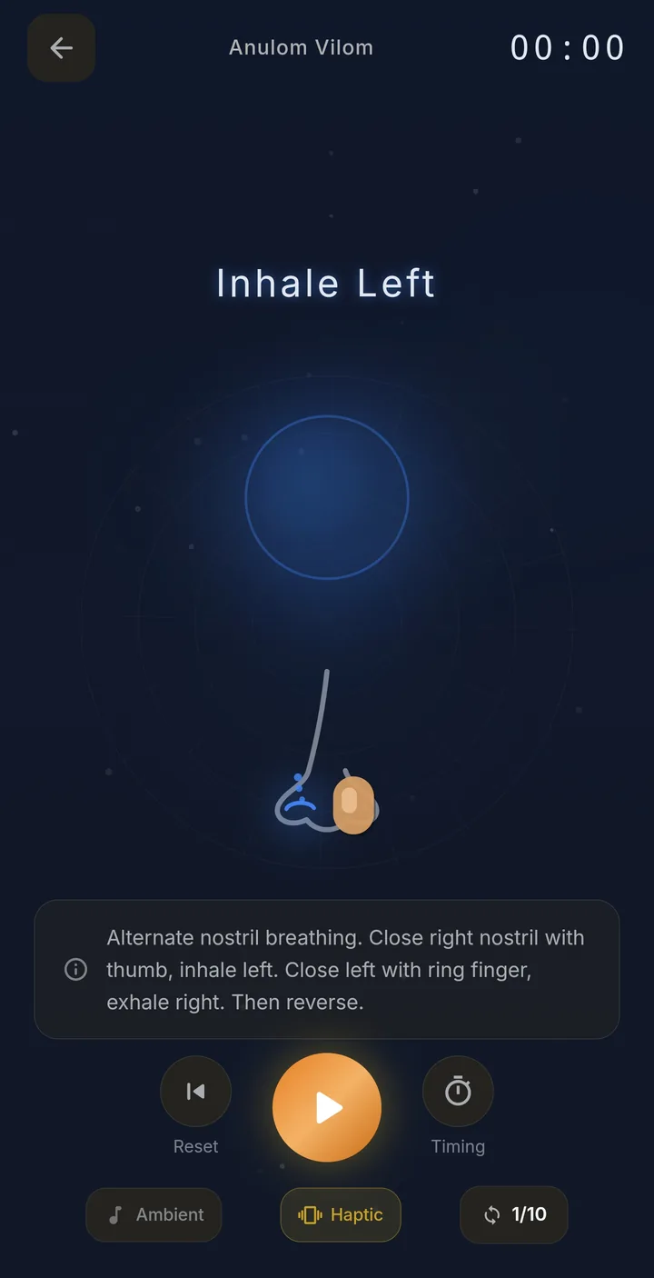 Anulom Vilom breathing guide showing which nostril to inhale through