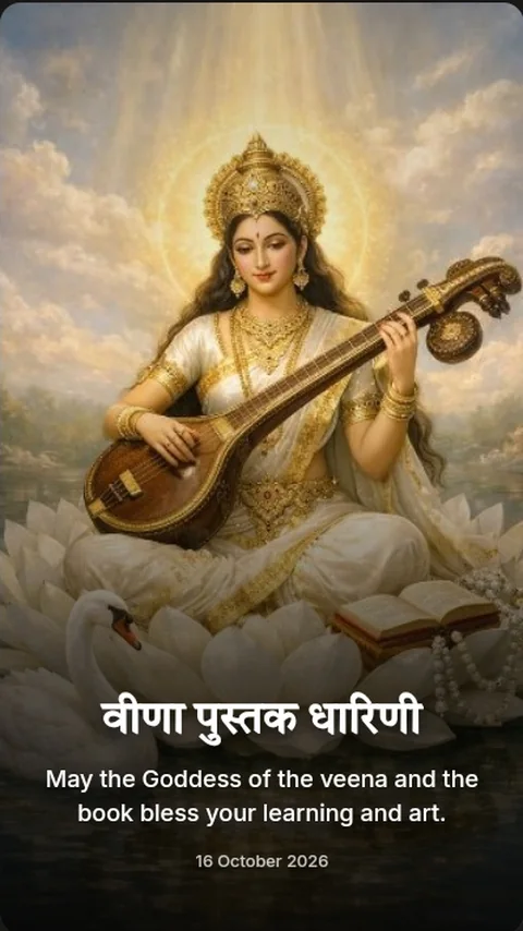 Saraswati Puja greeting card with veena