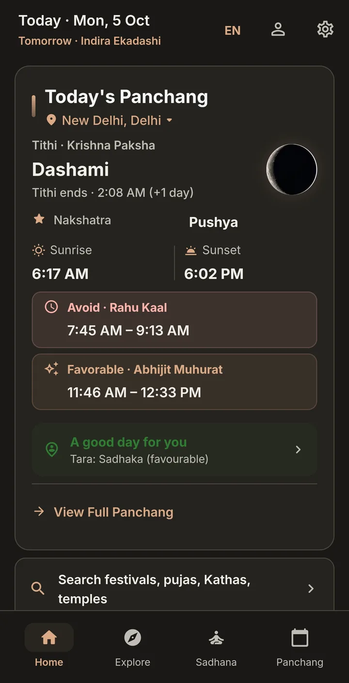 Tattva home screen in English showing today's panchang for New Delhi: Dashami tithi, Pushya nakshatra, Rahu Kaal and Abhijit Muhurat