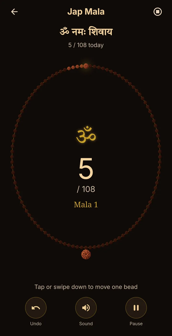 Jap Mala screen counting Om Namah Shivaya on a 108-bead rudraksha mala