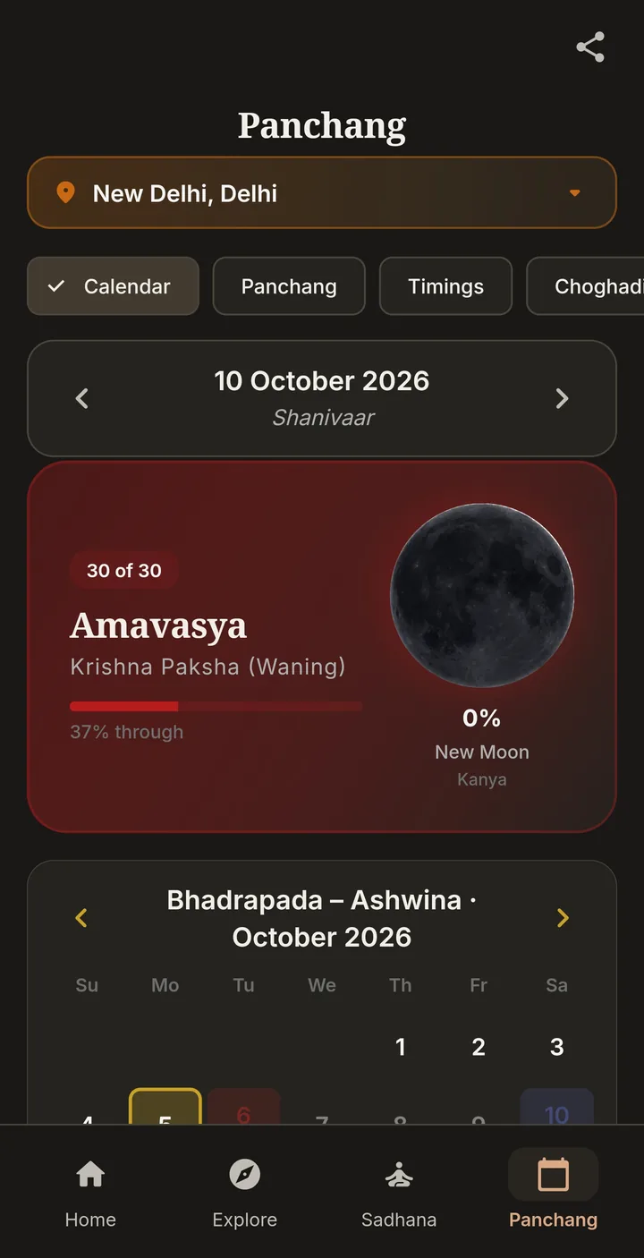 Panchang for 10 October 2026: Amavasya, Krishna Paksha, with the moon phase and month calendar