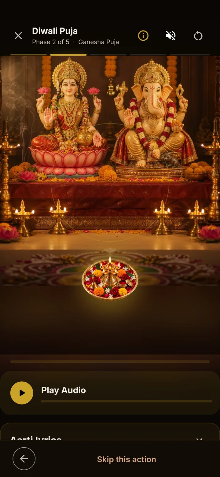 A guided puja in progress, showing the current phase, the deity on a lit altar and audio playing