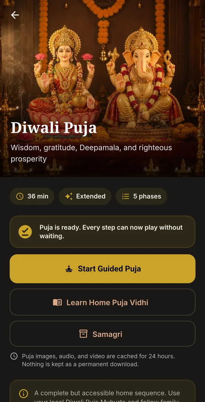 A puja page in Tattva: duration, number of phases, and buttons for Start Guided Puja, Learn Home Puja Vidhi and Samagri