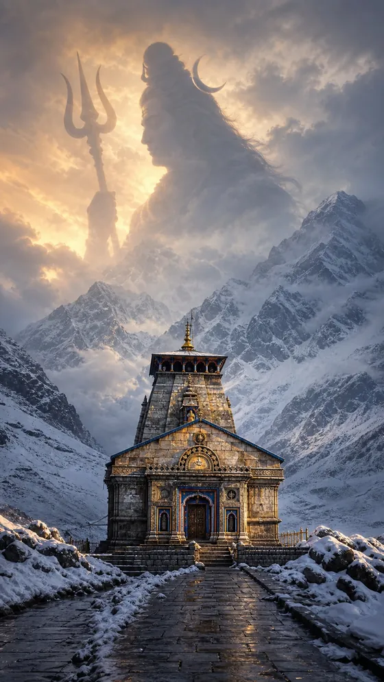 Wallpaper of Kedarnath temple in snow under Shiva