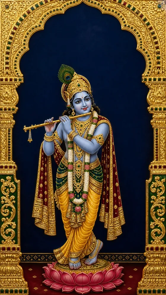 Wallpaper of Krishna with flute under a golden arch