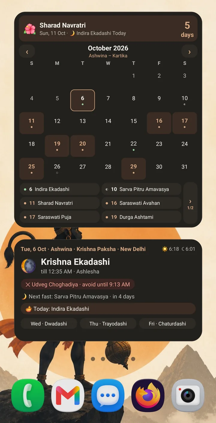Android home screen with Tattva widgets: an October festival calendar and today's panchang showing Krishna Ekadashi and the choghadiya to avoid